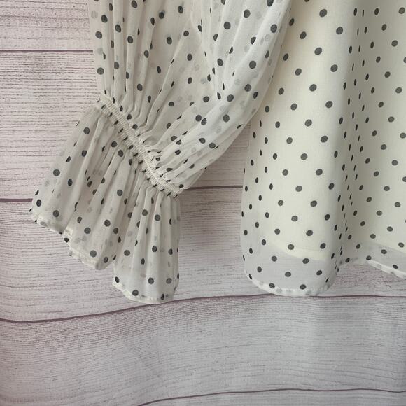 Talbots Off-White with Black Polka Dot Blouse Front Keyhole Ruffle Cuffs Size M - Picture 5 of 11